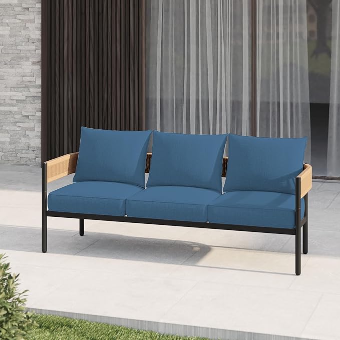 Gand Patio Outdoor 3-Seat Couch Sofa, Wicker Conversation Set with Thick Cushion for Porch, Garden, Yard (Peacock Blue)