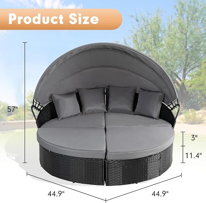 Outdoor Patio Furniture Canopy Daybed Round Sofas, 4 Pieces Seating Separates Cushioned Seats, Black Wicker, Lawn Poolside Garden, Grey
