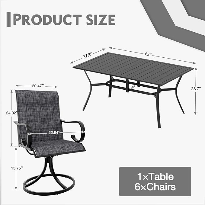 MELLCOM 7 Pieces Outdoor Dining Set, 6 Swivel Rocker Chairs with High Back Textilene & Rectangular Metal Dining Table with Umbrella Hole, Patio Furniture Set for Porch, Deck, Grey