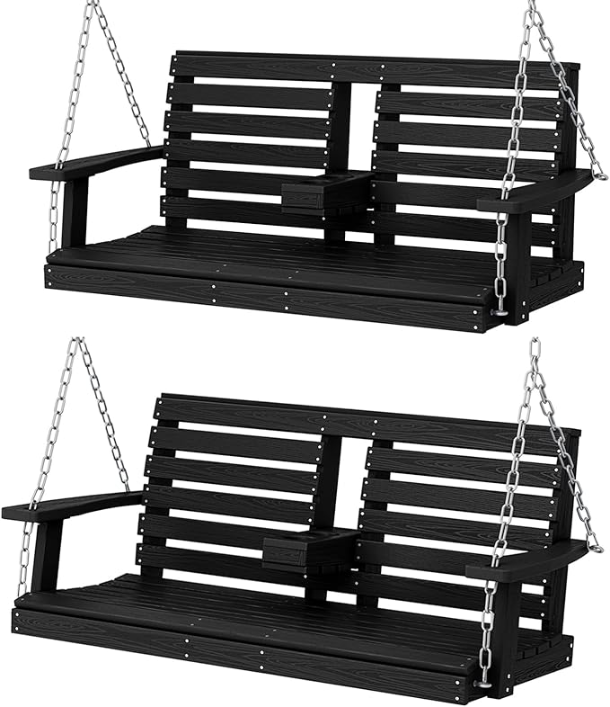 KINGYES Outdoor Patio Swing Set - 2 Seat Hanging Porch Swing with Cup Holders, Waterproof & 660LBS Weight Capacity, Black