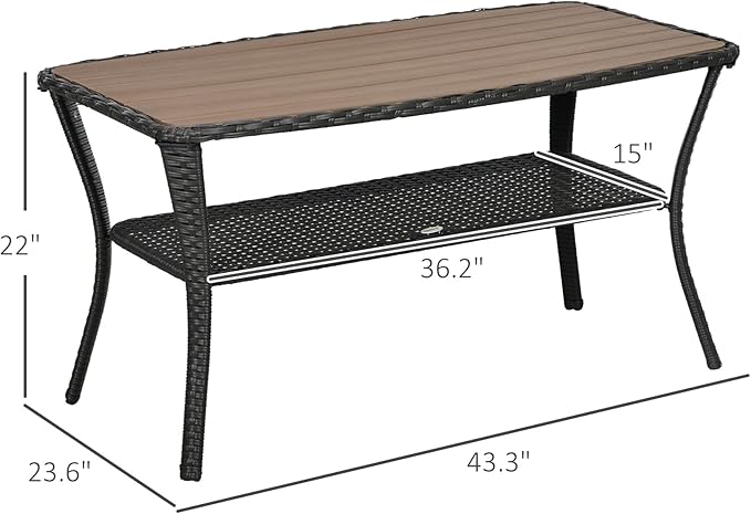 Outsunny PE Rattan Outdoor Coffee Table with Storage, 2-Layer Wicker Side Table, Patio Storage Table with Wood-Plastic Composite Top for Garden, Porch, Backyard, Mixed Brown