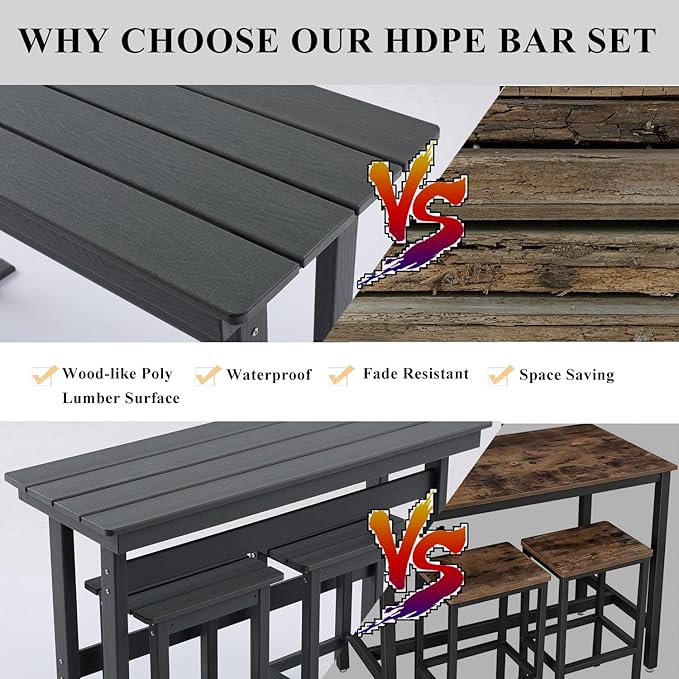 3 Pcs HDPE Outdoor Bar Set of 2 Includes Bar Height Table and Chairs, Patio Bar Stools Set for Bistro, Poolside, Backyard, Gray
