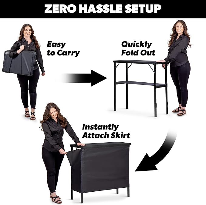 GoBar Portable Bar Table for Events - Black, 3 Skirts, or LED - Pop Up Mobile Bartending Station with Travel Carrying Case