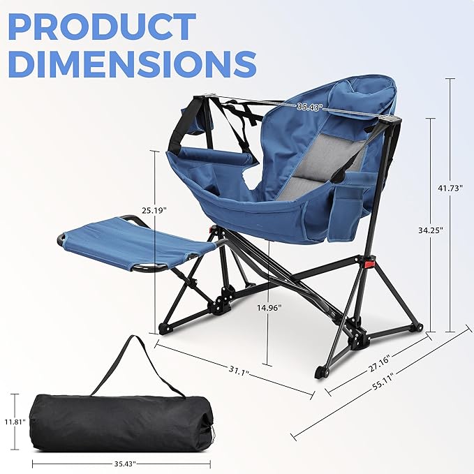 Ainfox Hammock Chair with Footrest, Oversized Swinging Portable Folding Camping Chairs for Adults Outside Swinging Camp with Cup Holder Pillow for Outdoor Patio Lawn Dark Blue