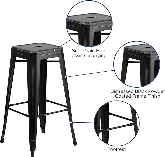 Flash Furniture Kai Commercial Grade 4 Pack 30" High Backless Distressed Black Metal Indoor-Outdoor Barstool