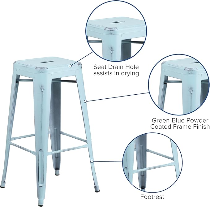 Flash Furniture Kai Commercial Grade 30" High Backless Distressed Green-Blue Metal Indoor-Outdoor Barstool