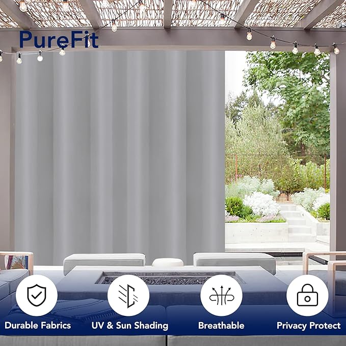 PureFit Outdoor Curtains for Patio Waterproof Weatherproof, UV Resistant Outside Curtains for Gazebo, Front Porch, Pergola, Sun Blocking Privacy Curtain, 100W x 108L inch, 1 Panel, Light Gray
