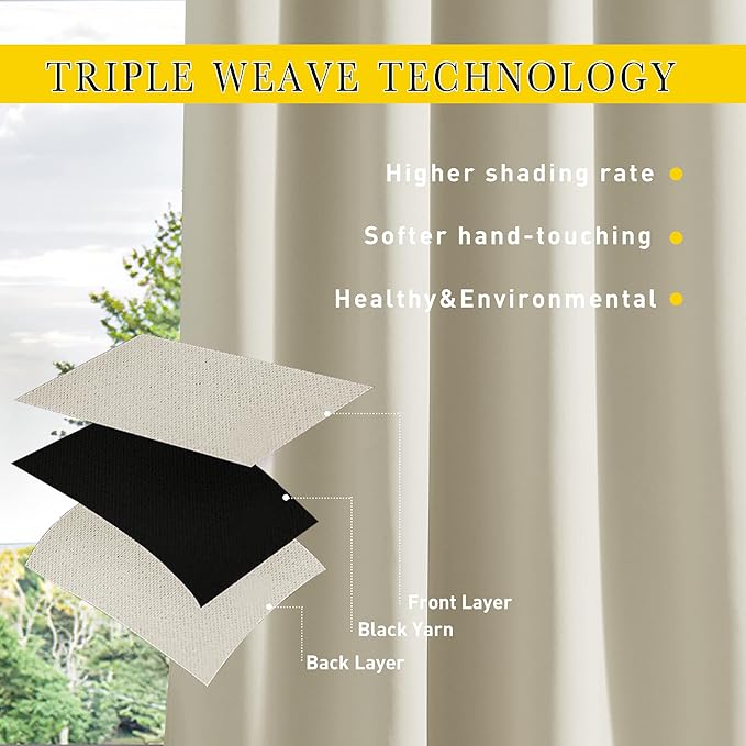 NICETOWN 2 Panels Outdoor Curtains for Patio Waterproof 95" Long, Windproof Grommet & Back Tab on Top & Bottom Thermal Insulated Sun Blocking Drapes with Rope for Gazebo, Beige, W100 per Panel
