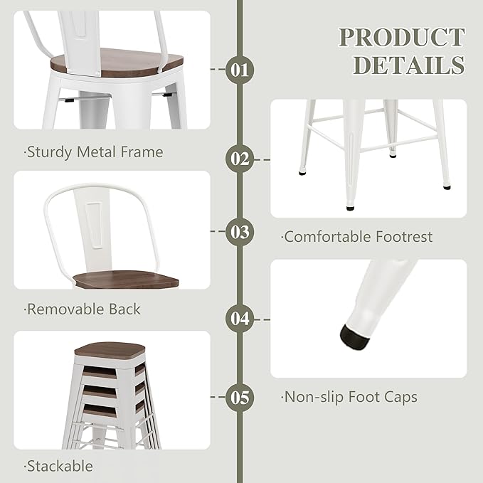 Yongqiang 24" Bar Stools Set of 4 Modern Farmhouse Counter Height Bar Chairs Kitchen Island Metal Barstools with Large Wooden Seat, High Back Cream White