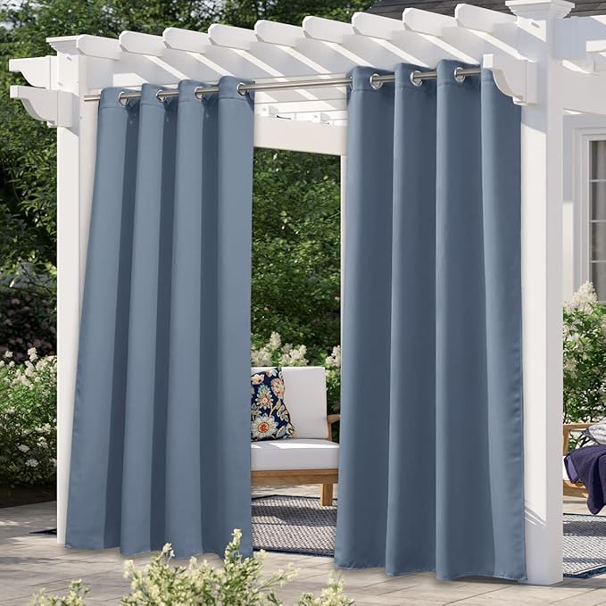 NICETOWN Patio Curtain for Outdoor Waterproof, Rustproof Ring Top Blackout Thermal Insulated Light/Heat/Sound Blocking Indoor Outdoor Drape for Gazebo, 1 Panel, W52 x L108, Stone Blue