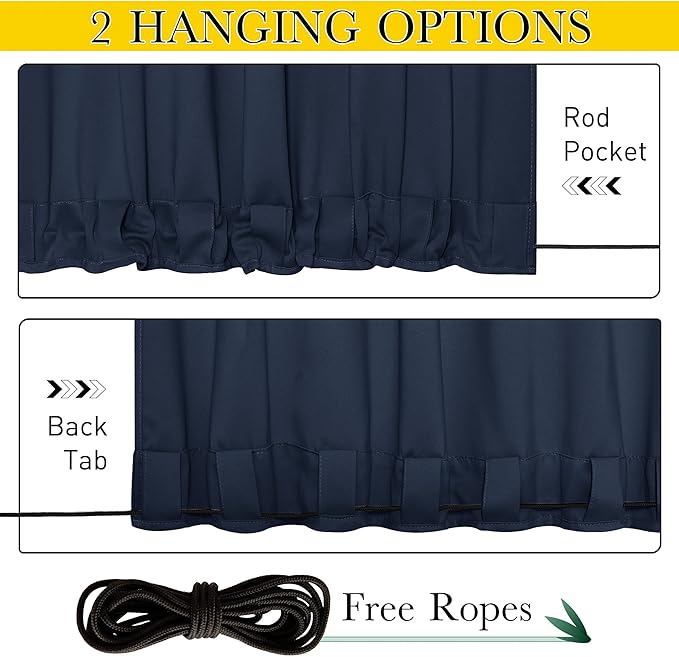 NICETOWN 2 Panels Outdoor Curtains for Patio Waterproof & Windproof, Thermal Insulated Top & Bottom Grommet & Back Tab Sun Blocking Outdoor Drapes with Fixed Rope for Gazebo, Navy Blue, W66 x L90