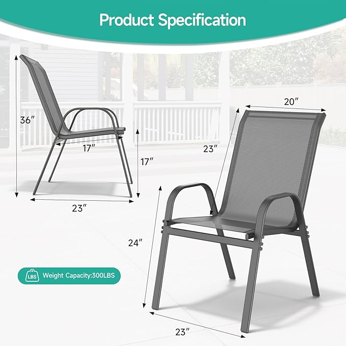 Patio Chairs Set of 4, All Weather Breathable Stackable Outdoor Dining Chairs with High Back and Wide Seat, Easily Set Up Outdoor Chairs Set of 4 with Metal Frame for Backyard Garden Pool, Grey