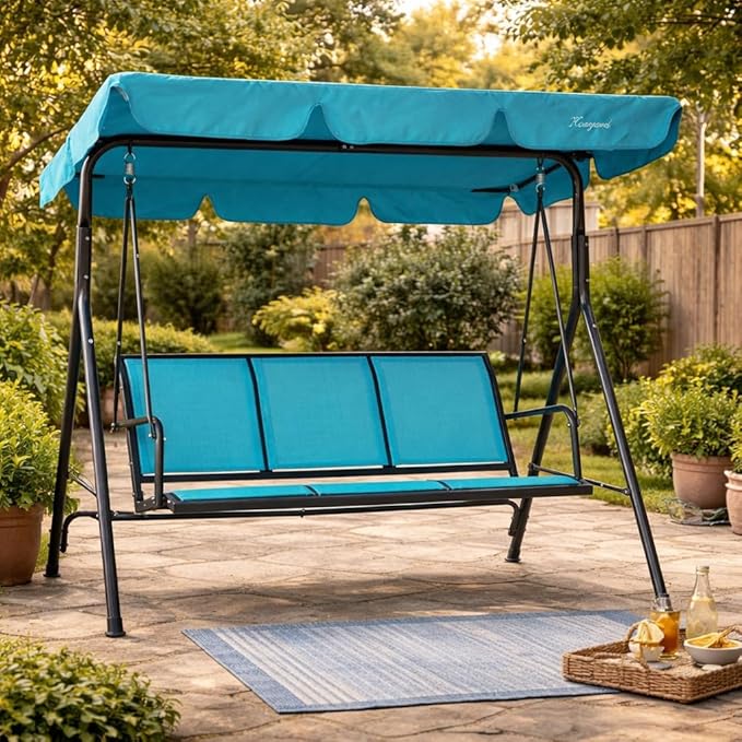 Kozyard 3-Person Outdoor Canopy Porch Swing Chair, Breathable Textilene Armrest Seat, Adjustable Shade, Heavy-Duty Powder-Coated Steel Frame Swing for Patio, Backyard, Poolside & Balcony, Blue
