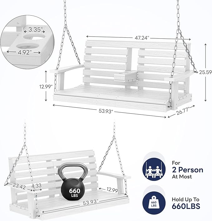 KINGYES Outdoor Hanging Porch Swing Set of 4, Waterproof Swing with Cup Holders for Courtyard & Garden, 660LBS Weight Capacity, White