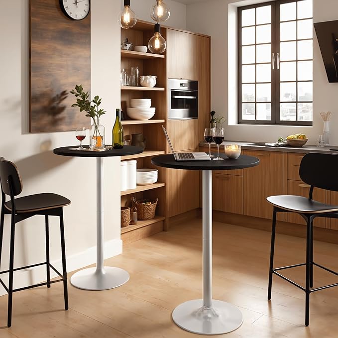 Furmax Bistro Pub Table Round Bar Height Cocktail Table for Home Bar, Small Round Bar Tables for Party, Dining Room, Living Room and Wedding, Metal Base MDF Top Obsidian, 40.6 Inch Height (1, Black-2)