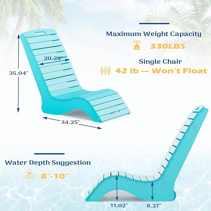 MELLCOM HDPE Pool Lounge Chairs Set of 2, in Pool Lounge Chairs up to 10-Inches of Water, Chaise Lounge Chairs with Wheels, S Shape Patio Lounge Chairs for Pool, Deck, Garden, Beach, Blue