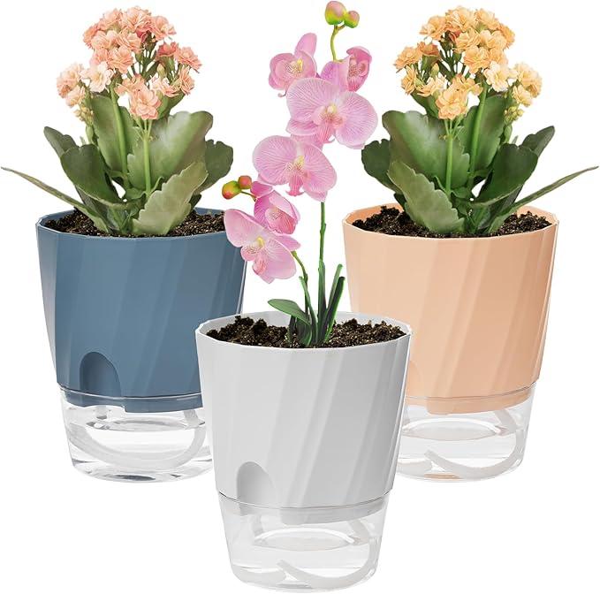 KIMCHOMERSE Self Watering Plant Pots, 6 Inch Plant Pots 6-Pack Indoor Planter Pots with Drainage Holes and Tray for Home Decor（2White, 2Pink, 2Blue）