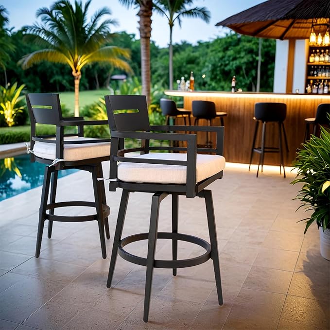 Modern Outdoor Bar Stools Set of 2 Swivel Patio Bar Chairs with 360° Rotation and Cushion with Sunbrella Fabric Weather-Resistant Aluminum Frame Patio Bar Stool for Deck Garden