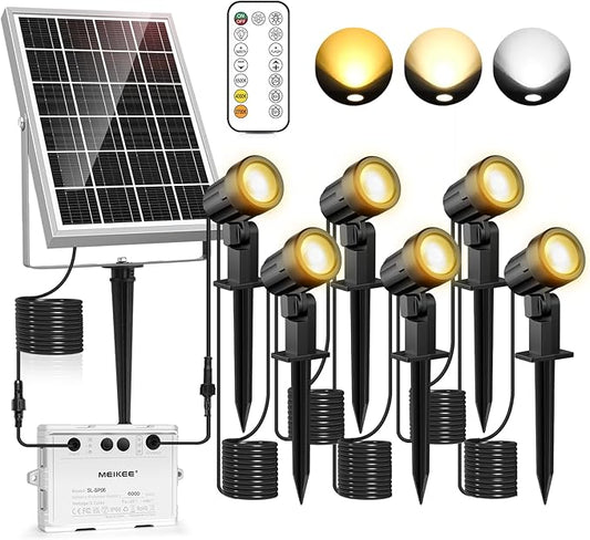 MEIKEE 6 in 1 Solar Spotlights Outdoor, 6W/6V Solar Powered Landscape Lights IP66 Waterproof Auto On/Off Landscape Spotlights with 3 Colors 56ft Cord for Garden Path Yard Patio Light