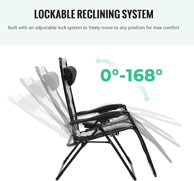 JEAREY Oversized Padded Zero Gravity Chairs, Folding Lounge Chair Outdoor Patio Recliner, Anti Gravity Chair for Backyard with Headrest, Cup Holder, Side Tray, Polyester Mesh - Black/Gray