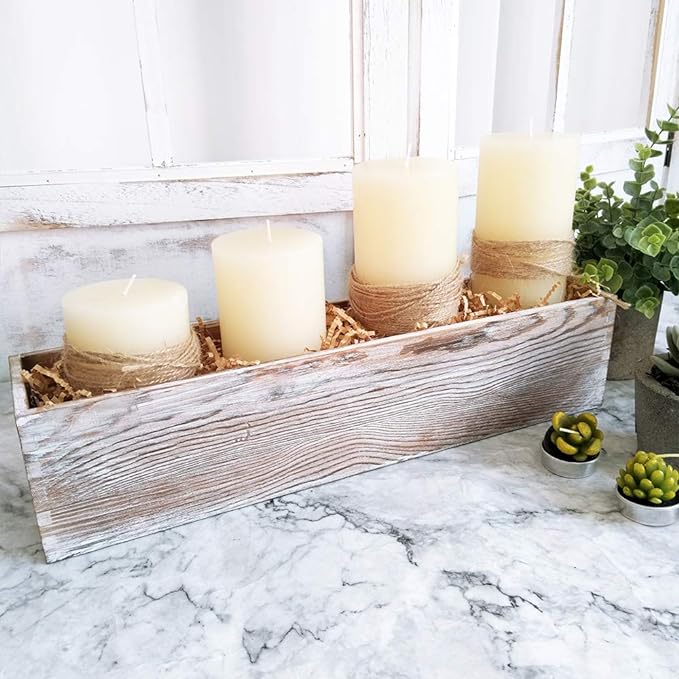 1 Pcs Wood Planter Rectangle Whitewashed Rectangular Decorative Wooden Box with Inner Plastic Box - 17.3" L x 3.9" W x 3.9" H Floral Natural Centerpieces Rustic Wedding Decor