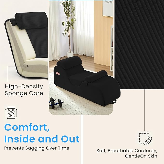 ijuicy 25" Wide Corduroy Yoga Chair, Yoga Lounge Chair for Adults, Chaise Lounge Chair Indoor/Yoga Lounger with Headrest, Waist Cushion, Movable Footrest, Side Pockets, High Density Sponge-Black