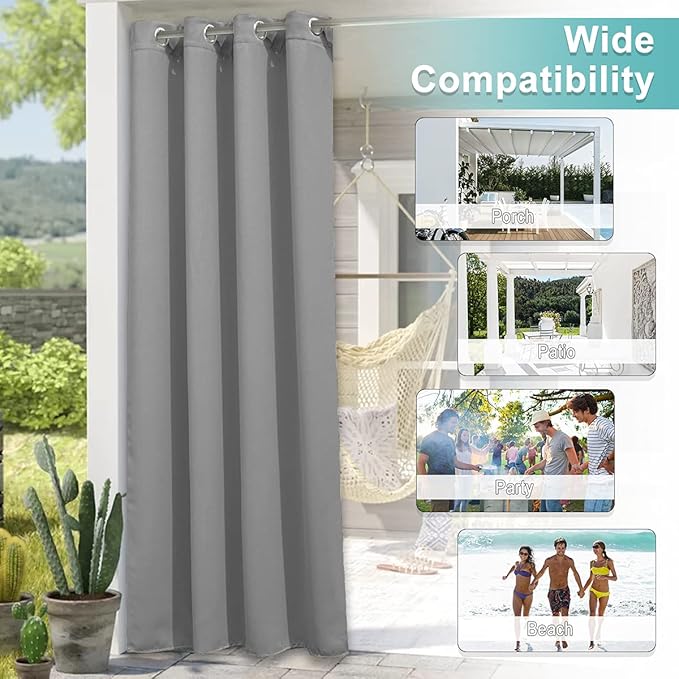 NICETOWN Outdoor Curtain for Patio Waterproof, Rustproof Grommet Thermal Insulated Extra Wide Blackout Privacy Indoor Outdoor Drape for Gazebo/Cabana, Silver Grey, 1 Panel, W100 x L95