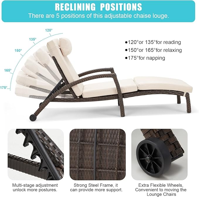 HOMREST Chaise Lounge Chairs Set of 4, PE Rattan Wicker Lounge Chair with Arm and Wheels for Poolside,Khaki