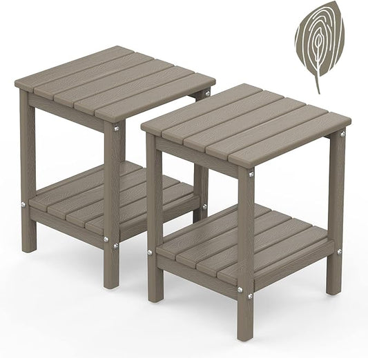GREENVINES Adirondack-Outdoor-Side-Table | Set of 2 | Wood Grain | 14 x 13 Inches | HDPE Plastic | All Weather | Desert Brown | Outside End Tables | Storage Shelf | for Patio