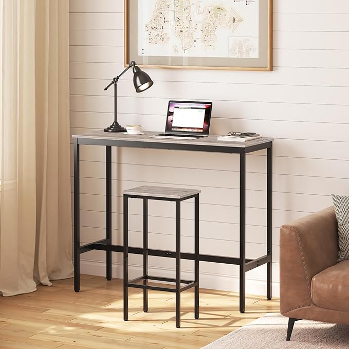Set of 2 Bar Stools, 29.5" Tall Counter Bar Stools, Kitchen Breakfast Bar Chairs with Footrest, Rectangular Industrial Bar Chairs, for Dining Room, Greige and Black BAHG01701 (Pack of 4)