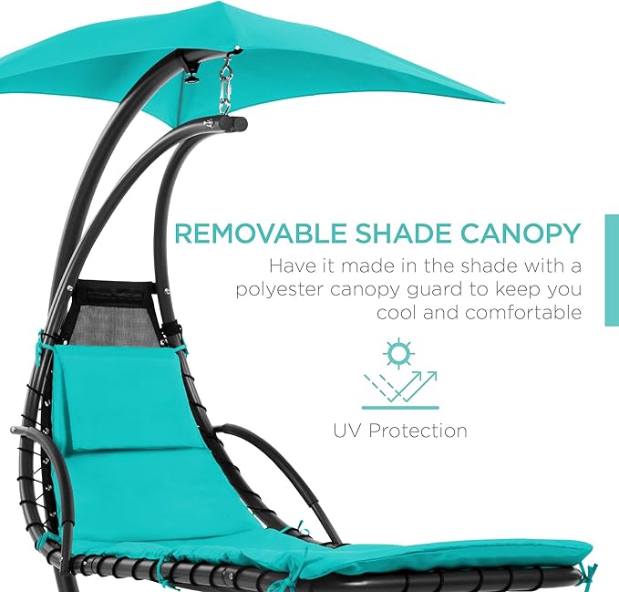 Best Choice Products Outdoor Hanging Curved Steel Chaise Lounge Chair Swing w/Built-in Pillow and Removable Canopy - Teal
