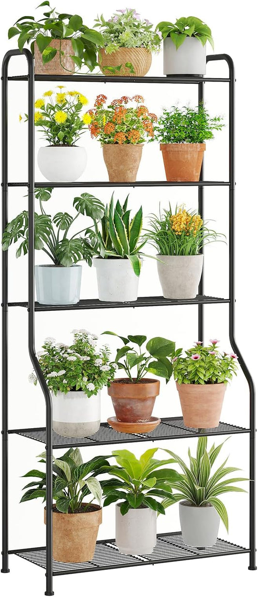 5-Tier Corner Plant Stand, Metal Black Flower Pot Rack, Indoor Outdoor Heavy Duty Shelf (Black, 5 Tier)