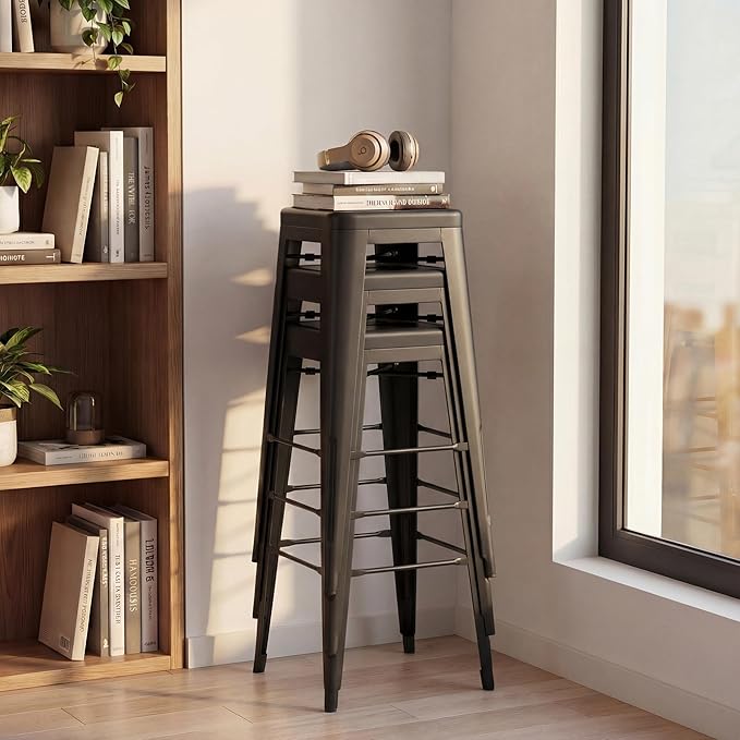 Shahoo 30 Inches Metal Bar Stools Counter Height Stackable Backless Stools, Industrial Patio Stools Indoor Outdoor Metal Kitchen Stools Set of 4 (Black, 30'')