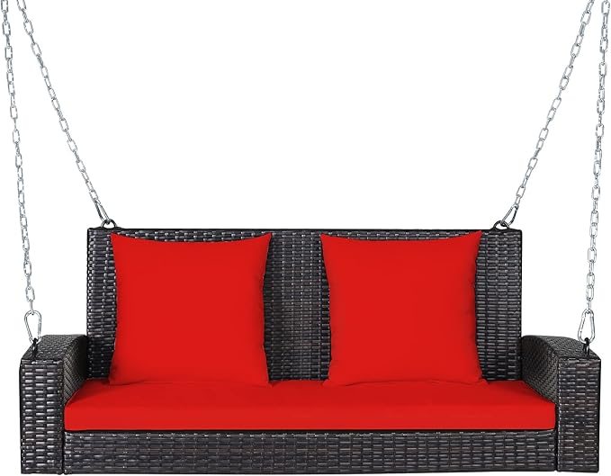 RELAX4LIFE Porch Swing 2-Seat Patio Rattan, Wicker Porch Swings Outdoor W/Two 7.9 Ft Solid Steel Chain, Comfortable Back & Seat Cushions, for Front Porch, Garden, Backyard Patio Swing (Red)
