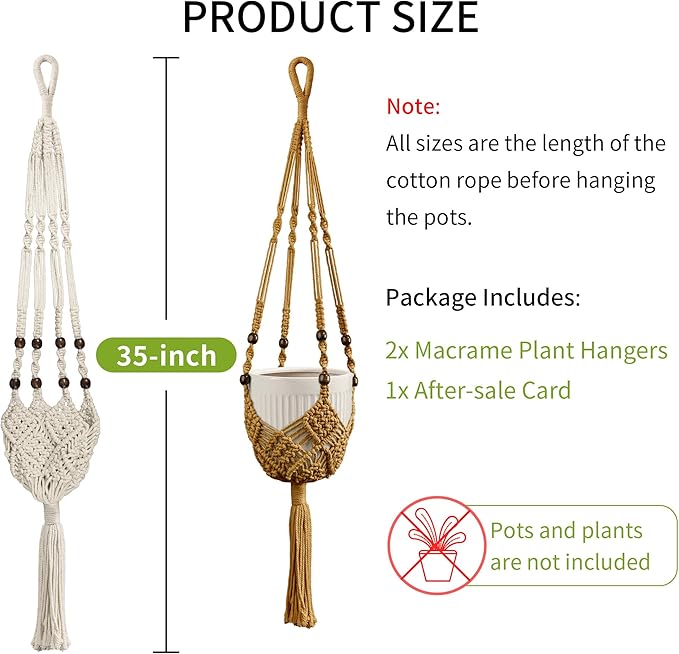 Macrame Plant Hanger - Fits 3 to 6 inches Pots for Indoor Outdoor, 35 Inch, Set of 2, Brown (POTS NOT Included)