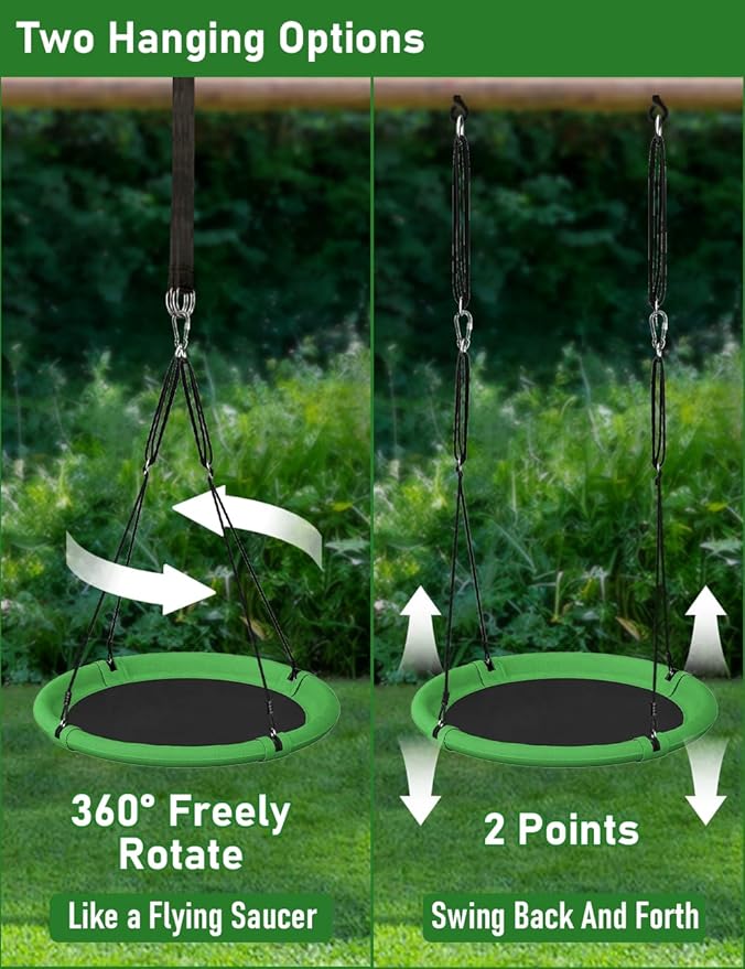 40 Inch Diameter Saucer Tree Swing Set for Kids & Adults, Adjustable Flying Swing Seat for Backyard or Outdoor Playground, Green & Black