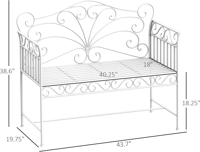Outsunny 43" Garden Bench, Outdoor Patio Bench with Armrests, Metal Porch Bench for Backyard, Poolside, Lawn, Cream White