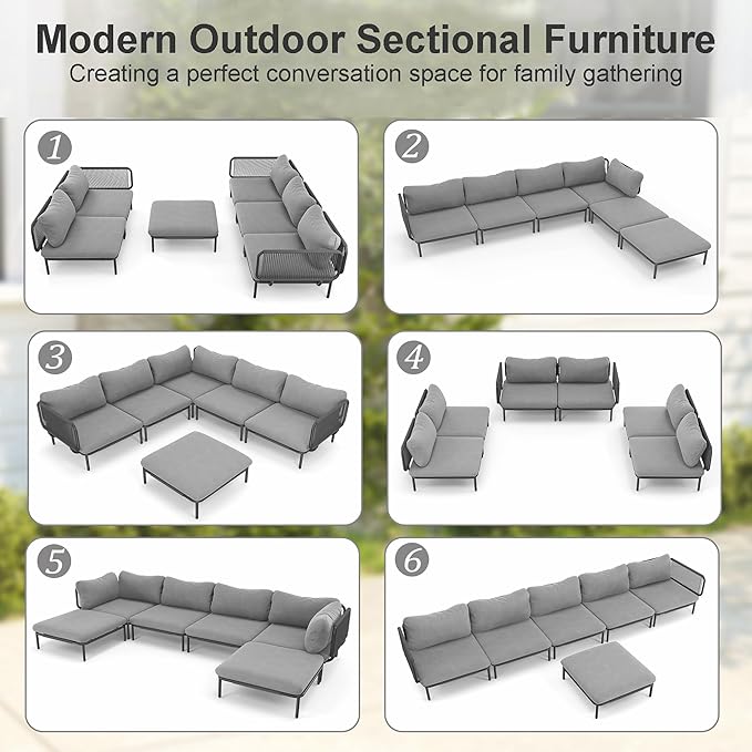 6 Piece Modern Outdoor Sectional Sofa, 31" Oversized Patio Furniture Set with Olefin Woven Rope, Weather-Resistant Metal Frame and Removable Cushion, Dark Grey