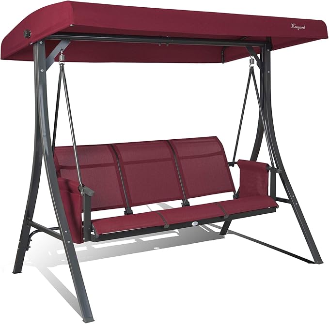 Kozyard Brenda 3-Seat Outdoor Porch Swing Glider, Patio Swing with Adjustable Canopy, Steel Frame, Breathable Textilene Seat & Back, Side Pockets (Burgundy)