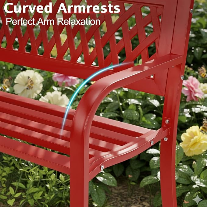 Outvita Outdoor Bench, 47" Iron Steel Frame Garden Bench with Mesh Pattern and Plastic Backrest Armrests, Patio Bench for Garden Park Yard Front Porch Patio, Red