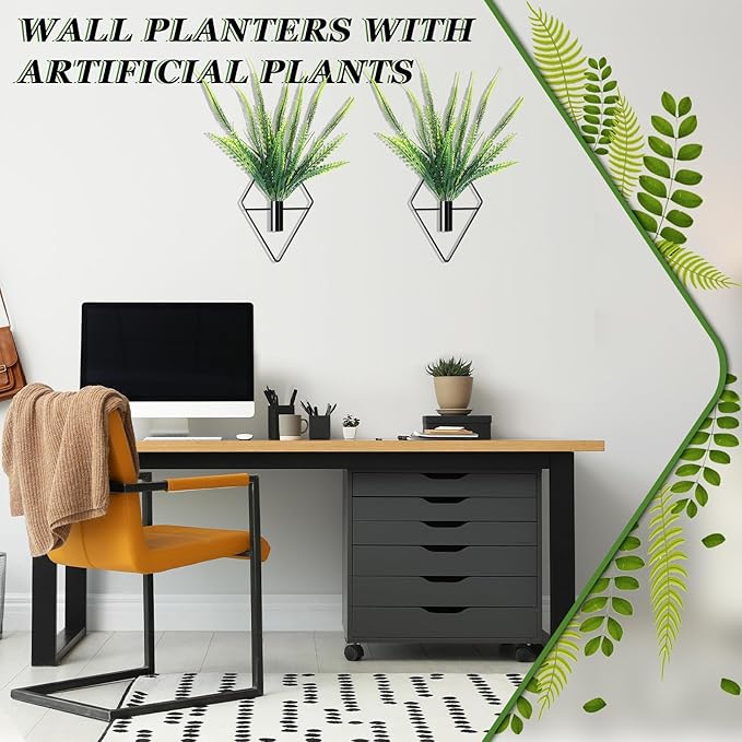 2 Pieces Black Wall Decor Hanging Planters with Artificial Plants Metal Hanging Vase Indoor Plants Holder Modern Geometric Wall Art for Bathroom Bedroom Living Room Decor(Boston Fern)