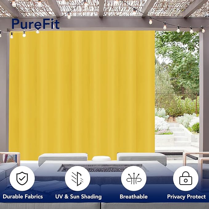 PureFit Outdoor Curtains for Patio Waterproof Weatherproof, UV Resistant Outside Curtains for Gazebo, Front Porch, Pergola, Sun Blocking Privacy Curtain, 100W x 95L inch, 1 Panel, Yellow