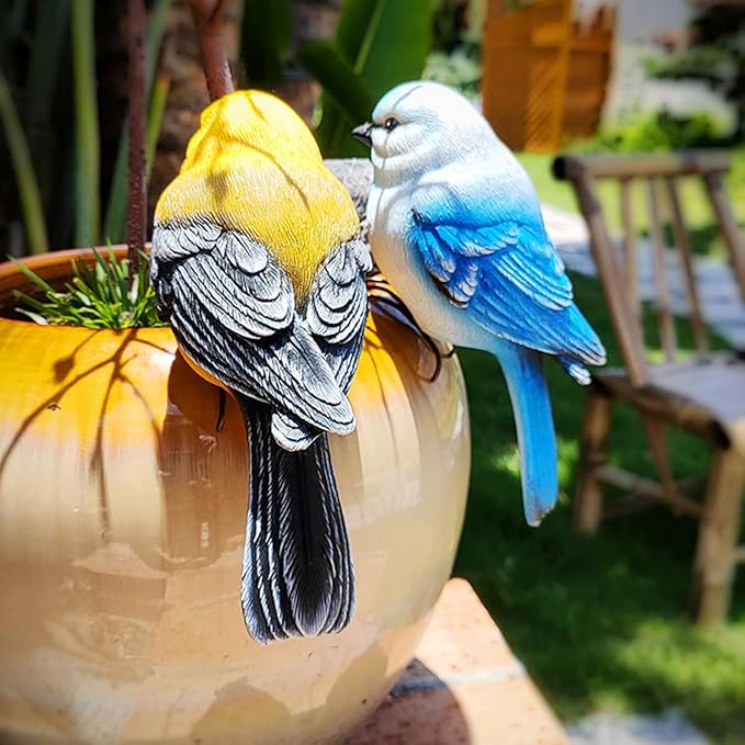Garden Bird Statue Flower Pot Hugger Outdoor Decor for Tree, 6.7" Tall Resin Bird Figurine Plant Pot Decorations for Fence Balcony Patio Lawn Yard Ornaments (Yellow)