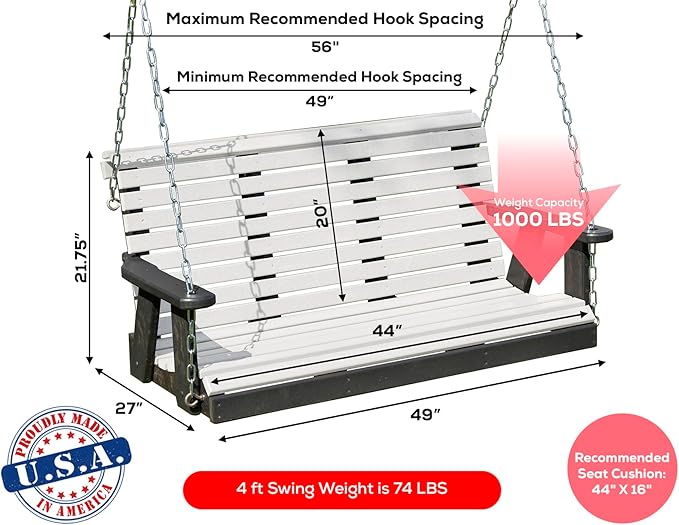 Poly Lumber Wood 4FT Porch Swing Amish Craftsmandship Made in USA HDPE with No wood fibers and 1000 lbs Limit. Stainless Steel Hardware.Signature Rollback design for Patio Outdoor Backyard Garden Park