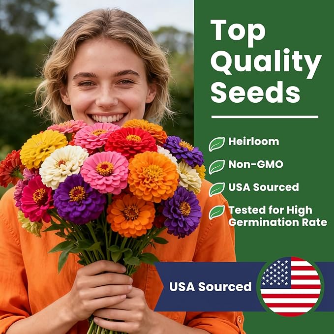 5000+ Zinnia Seeds Flower Seeds for 2026 Planting, 1.5 Oz, 5 Varieties (Pink, Yellow, Orange, White, Purple), 40G Mixed Colors and Large Blooms, Open Pollinated - Bulk (1.5 Ounce Pouch)