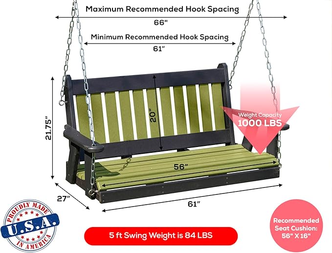 Mission Poly Lumber Wood 5FT Porch Swing Amish Craftsmandship Made in USA HDPE with No Wood fibers 1000 lbs Limit. Stainless Steel Hardware.Signature Design for Patio Outdoor Backyard Garden Park