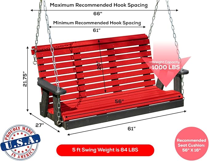 Poly Lumber Wood 5FT Porch Swing Amish Craftsmandship Made in USA HDPE with No wood fibers and 1000 lbs Limit. Stainless Steel Hardware.Signature Rollback design for Patio Outdoor Backyard Garden Park