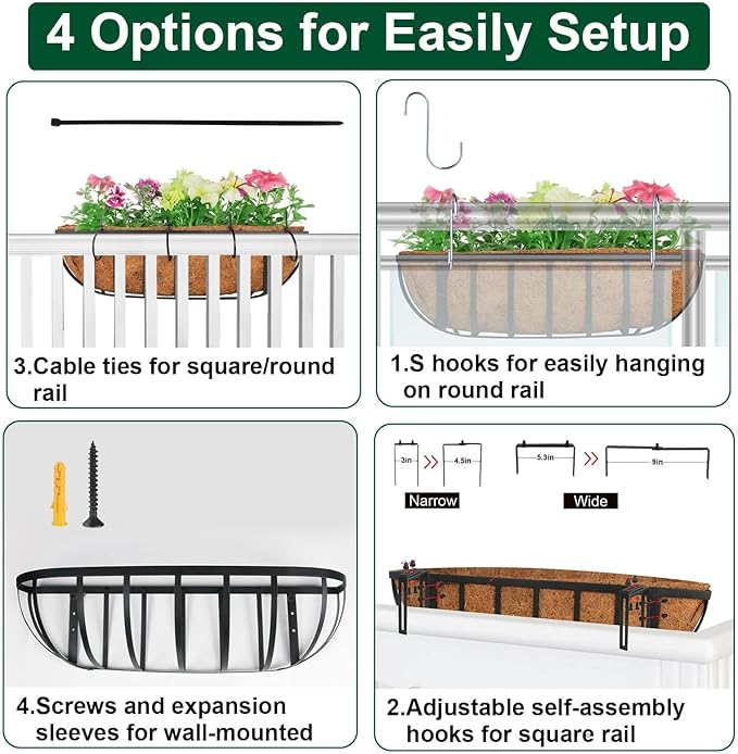 2 Pack 16" Railing Planter Window Box with Coco Fiber Liner Horse Trough Planter The Railing Planter Boxes for Deck Porch Fence Outdoor