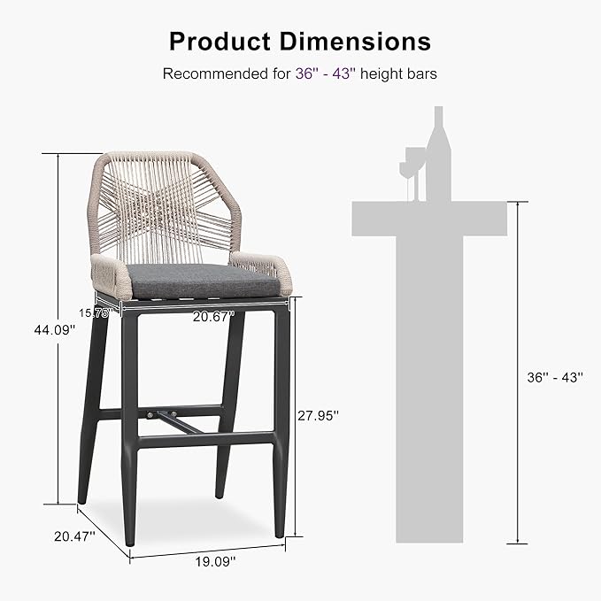 PURPLE LEAF Patio Bar Stool Bar Height Set of 4 Outdoor Rattan Chairs with Back Modern Aluminum Woven Barstools for Garden Indoor Kitchen Gray