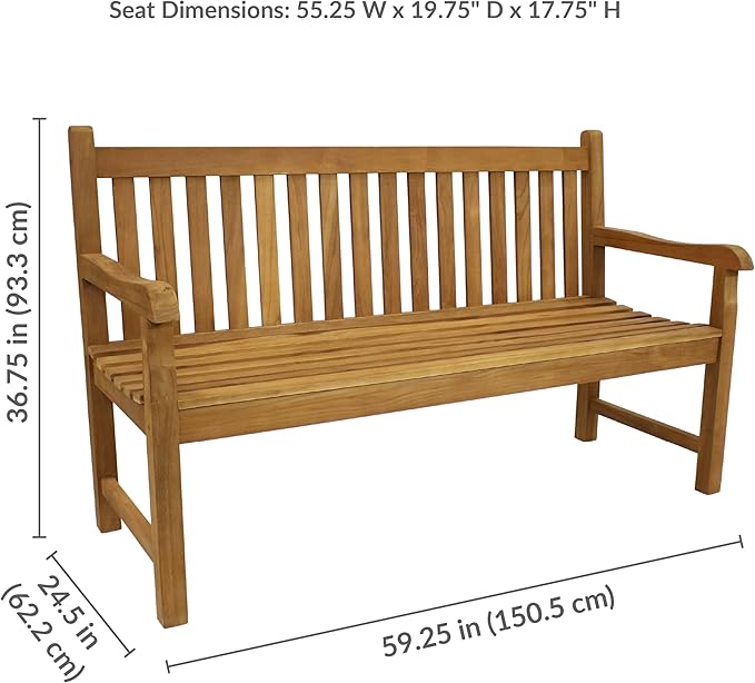 Sunnydaze 2-Person Outdoor Bench for Front Porch or Park - Wooden Teak Patio Garden Bench with Backrest - 675 lb Weight Capacity - Mission